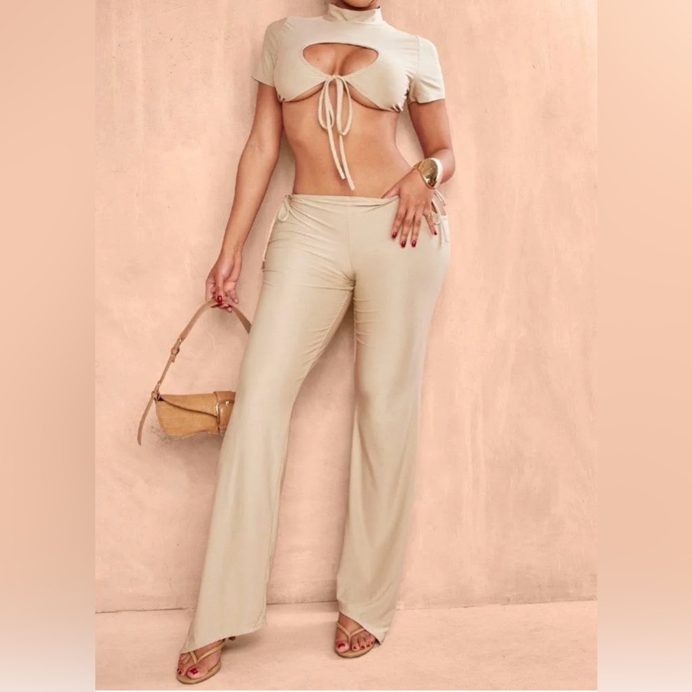 Slinky side cut out tie flare pants Taupe Beige Tan Size 10 NWT